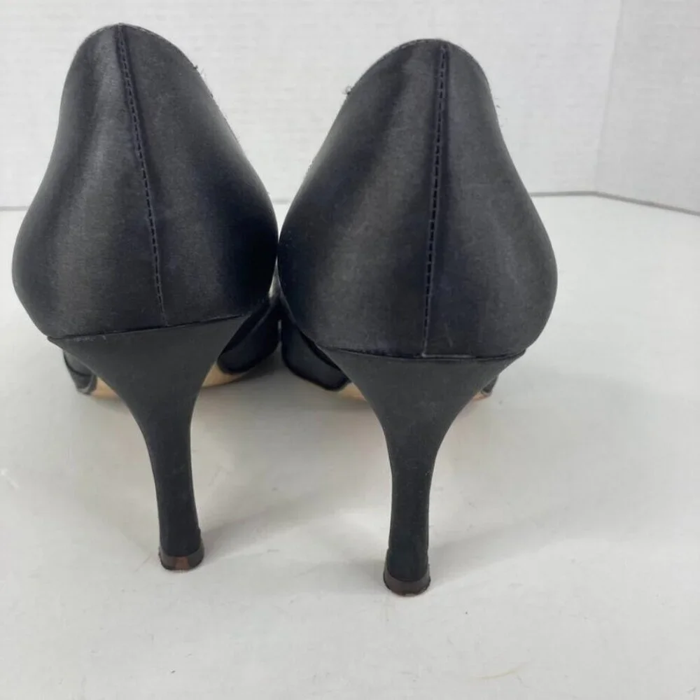 Benjamin Adams‎ Womens Peep Toe Pump Shoes Sz 9 Black Satin Rhinestone 3.5
